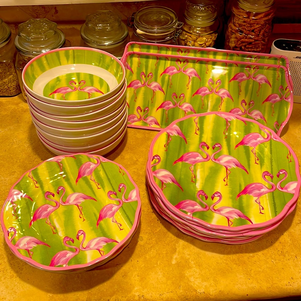 Preppy Flamingo Plastic Dinnerware Set